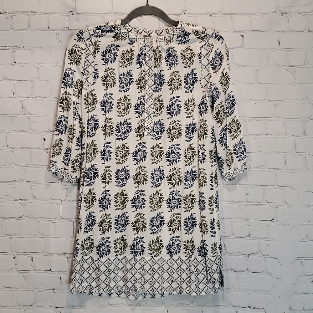 LOFT White Tunic with Navy and Olive Floral Motif